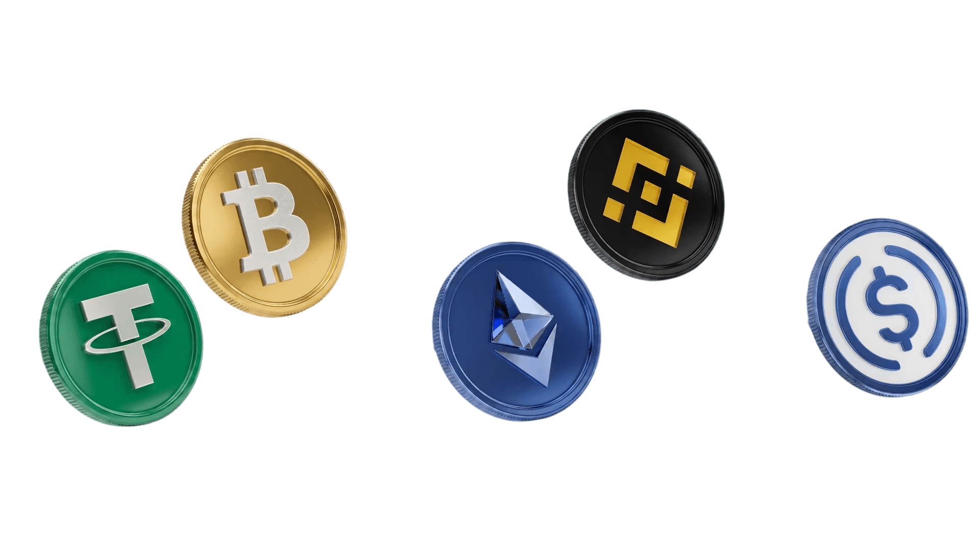 Tether, Bitcoin, Ethereum, BNB and USD Coin tokens
