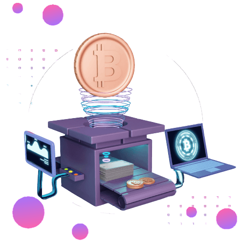 Illustration of a machine minting cryptocurrency from market activity